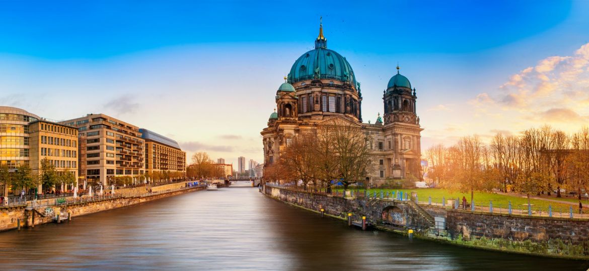 Beautiful panoramic view of Berlin Dome during sunset against  blue sky