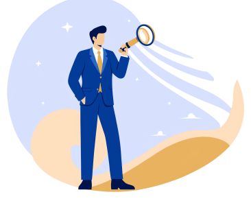 Businessman with magnifier investigating risks, root causes, and critical failures, highlighting incident management and problem-solving with an exclamation sign.