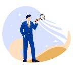 Businessman with magnifier investigating risks, root causes, and critical failures, highlighting incident management and problem-solving with an exclamation sign.