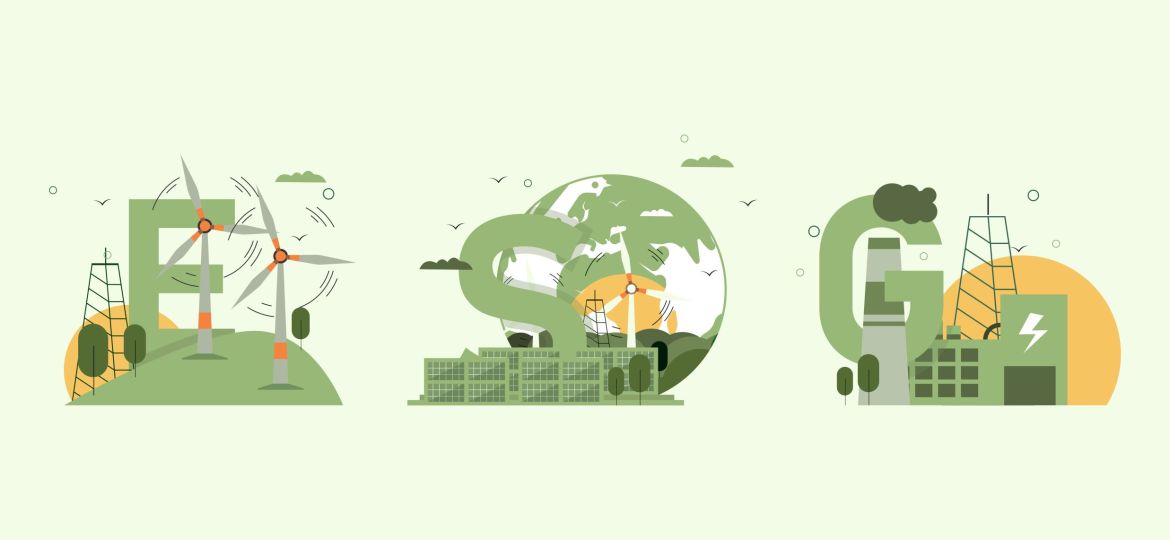 Green Energy ESG Concept Sustainable Industry with sustainable environmental wind turbine vector illustration and solar energy ESG font. Environmental, Social and Governance Concepts vector